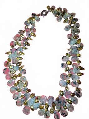 Handcrafted Multi-Stone dendritic agate Necklace with Pink and Gold Accents